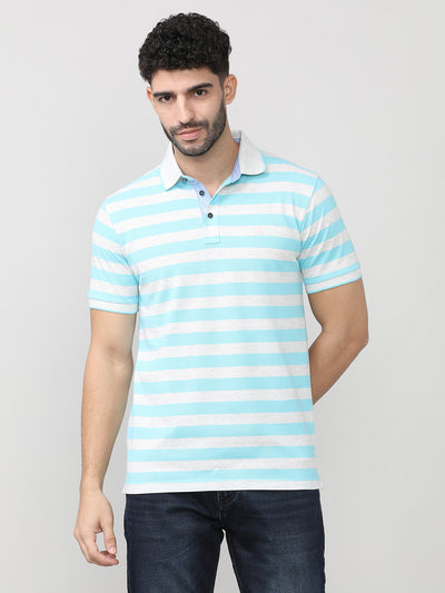 Aqua Pique Stripes Polo T-shirt With Tipping Collar