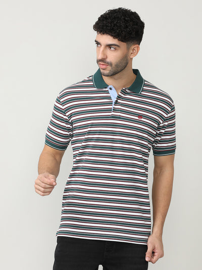 Wine Pique Lycra Stripes Polo T-shirt With Contrast Collar