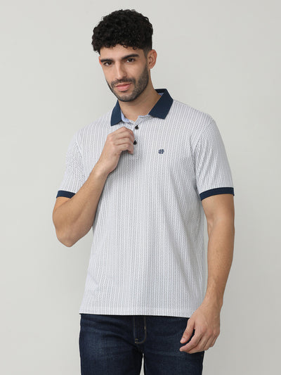 White Pique Lycra Micro Graphic Printed Polo T-shirt With Contrast Collar