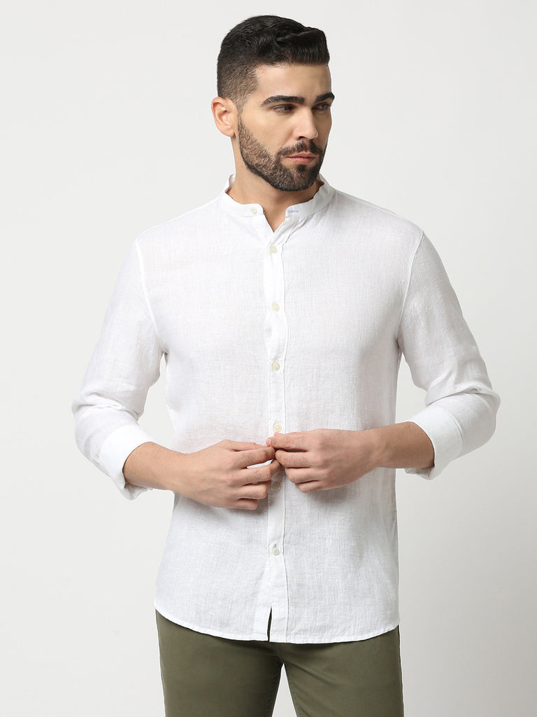 White Pure Linen Shirt With Mandarin Collar - Main Image