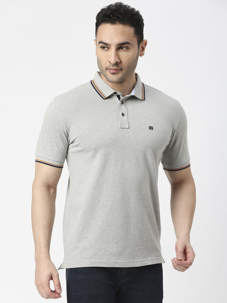 Grey Melange Pique Lycra Polo T-shirt With Tipping Collar – Dragon