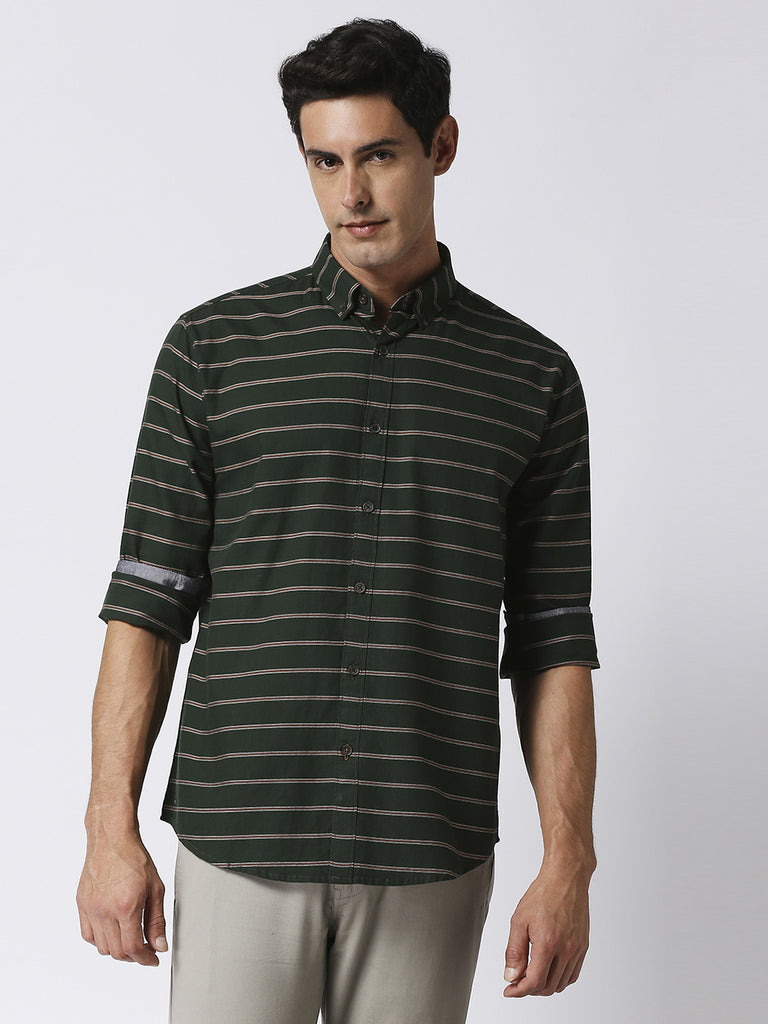 Bottle Green Oxford Horizontal Striped Shirt - Main Image