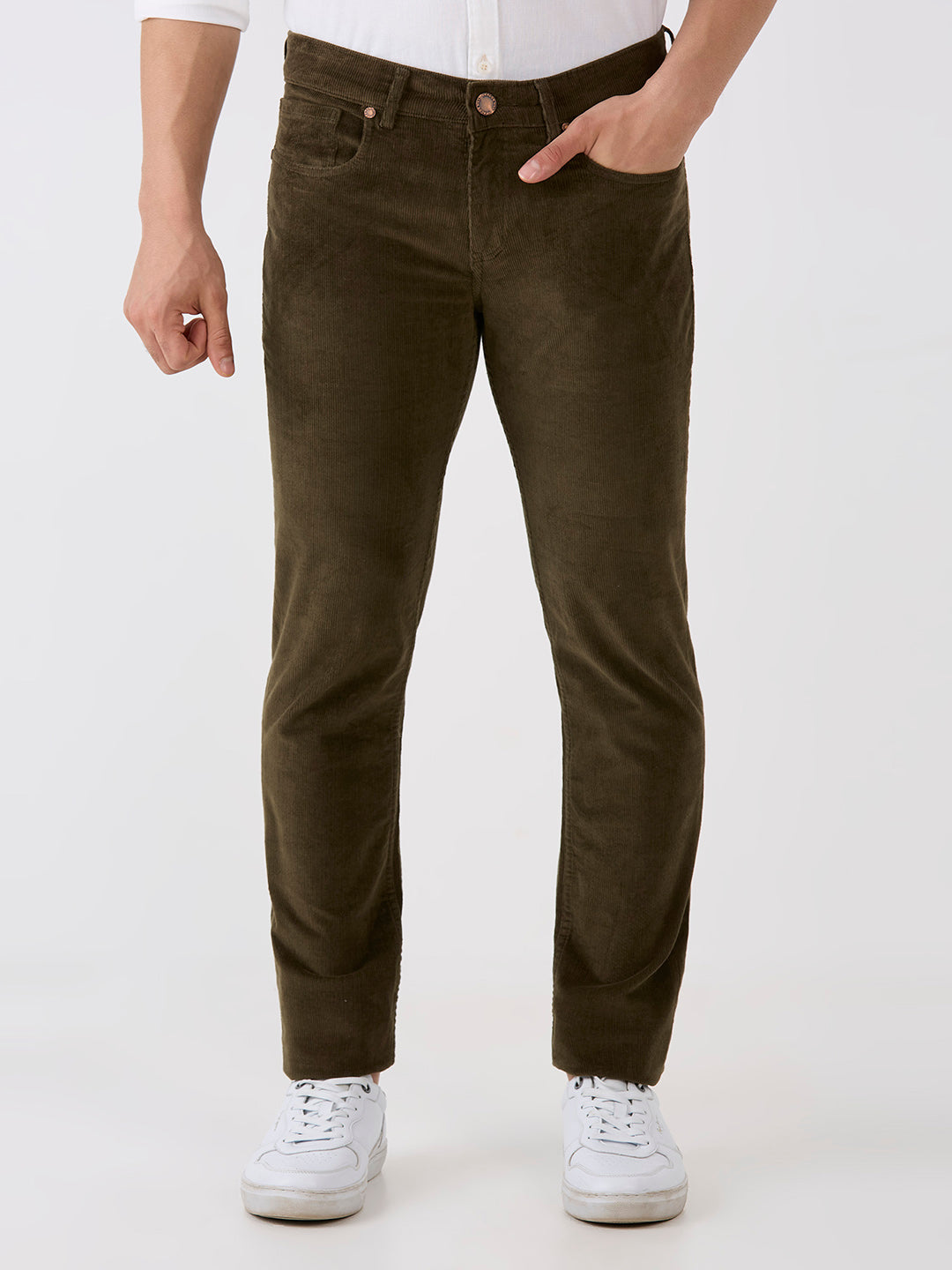 Olive 5 Pocket Slim Tapered Cotton Stretch Jeans
