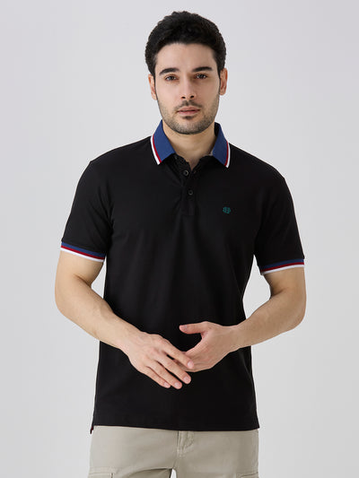 Black Pique Cotton Lycra Solid Polo