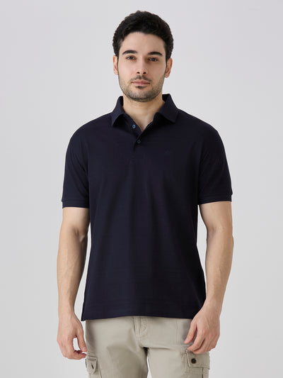 Navy Mercerised Jacquard Solid Polo