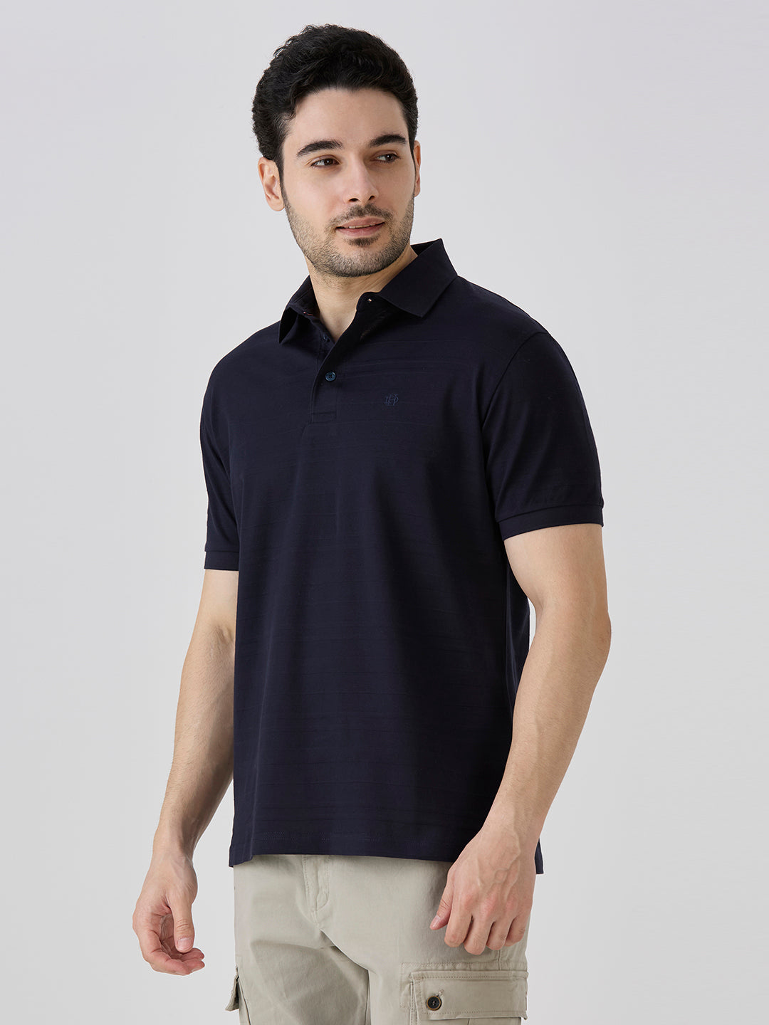Navy Mercerised Jacquard Solid Polo