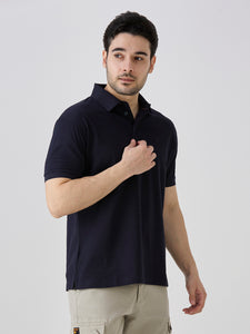 Navy Mercerised Jacquard Solid Polo