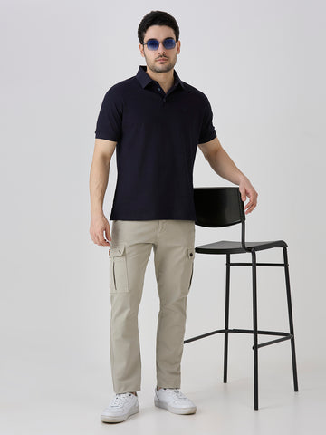 Navy Mercerised Jacquard Solid Polo