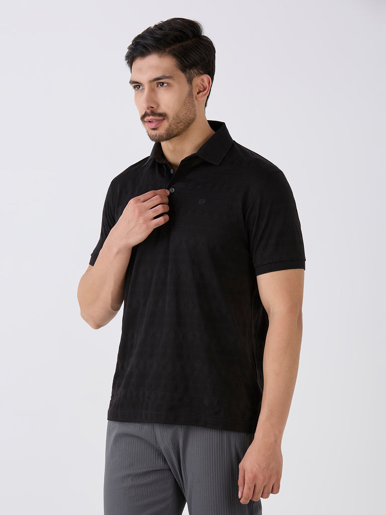 Black Mercerised Jacquard Solid Polo
