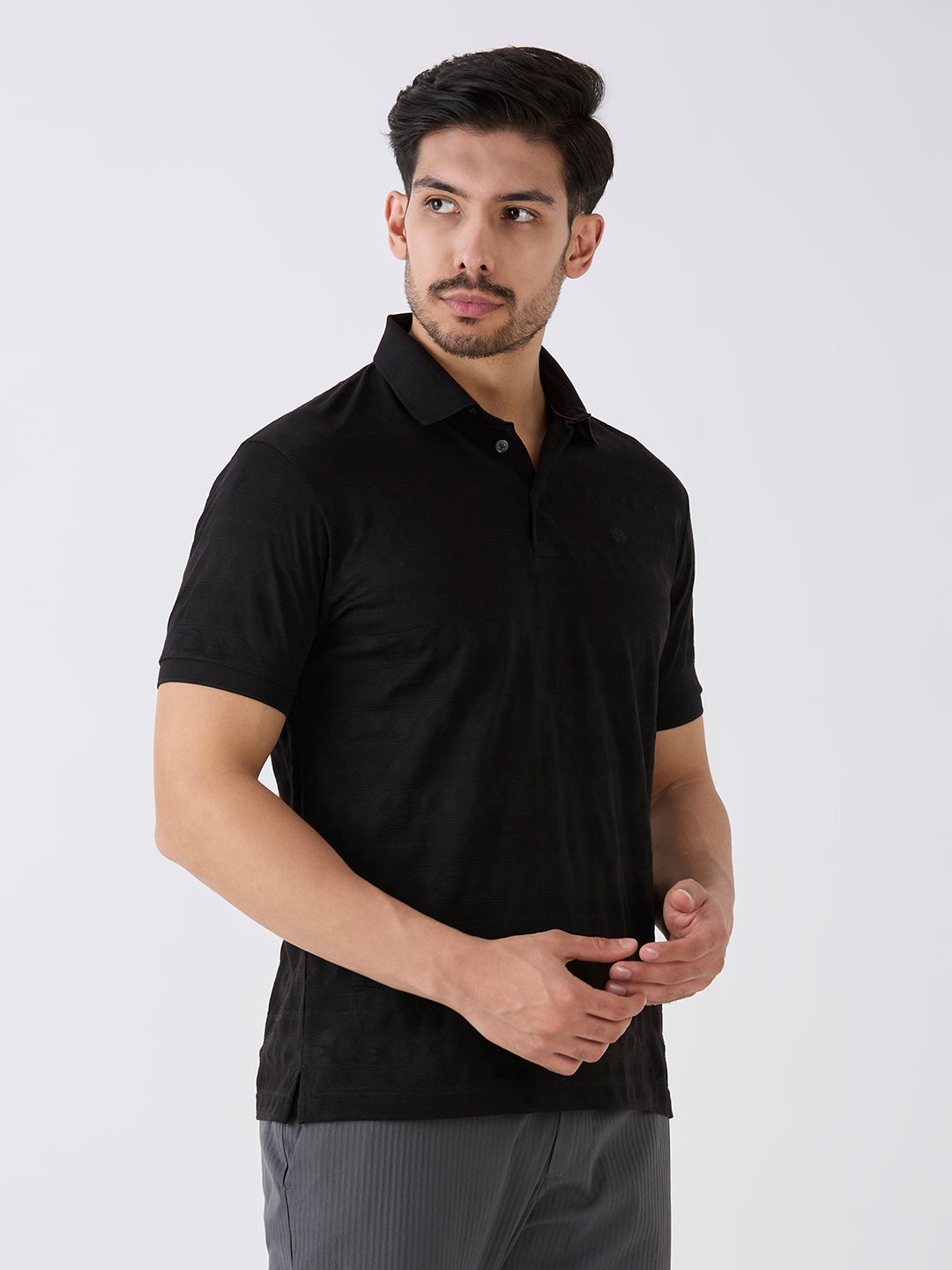 Black Mercerised Jacquard Solid Polo