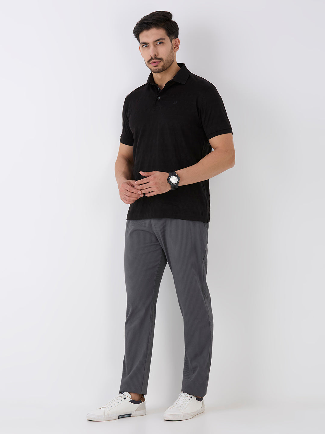 Black Mercerised Jacquard Solid Polo