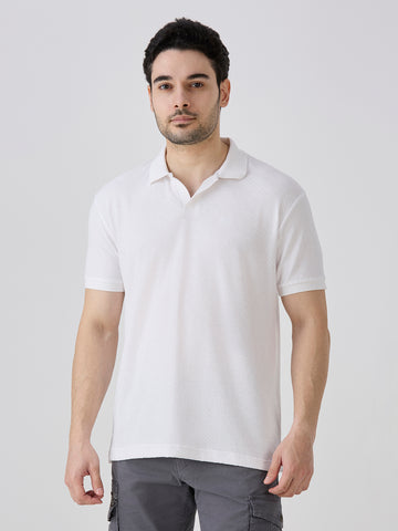 White Jacquard Johny Collar Solid Polo