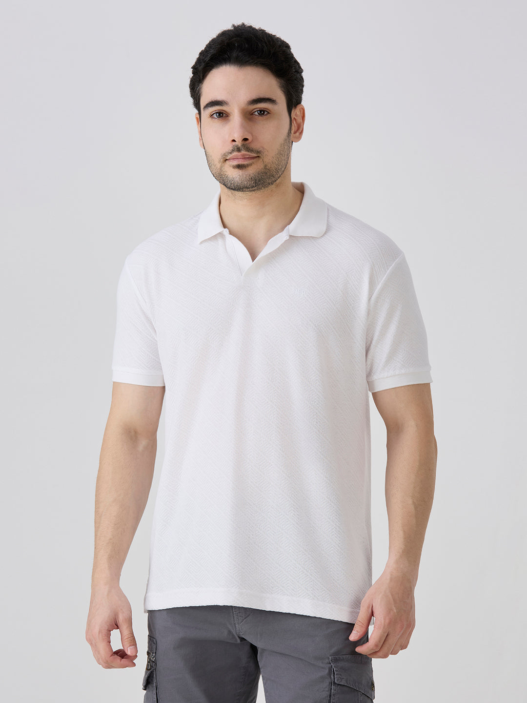 White Jacquard Johny Collar Solid Polo