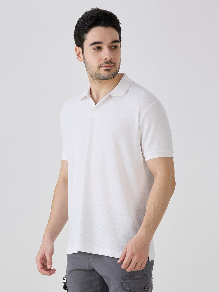 White Jacquard Johny Collar Solid Polo