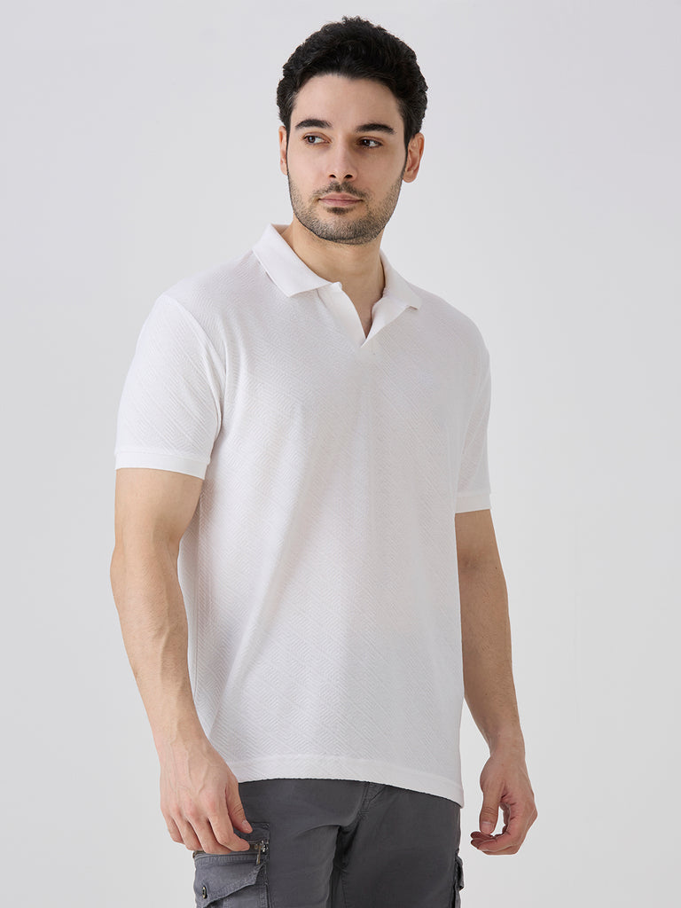 White Jacquard Johny Collar Solid Polo