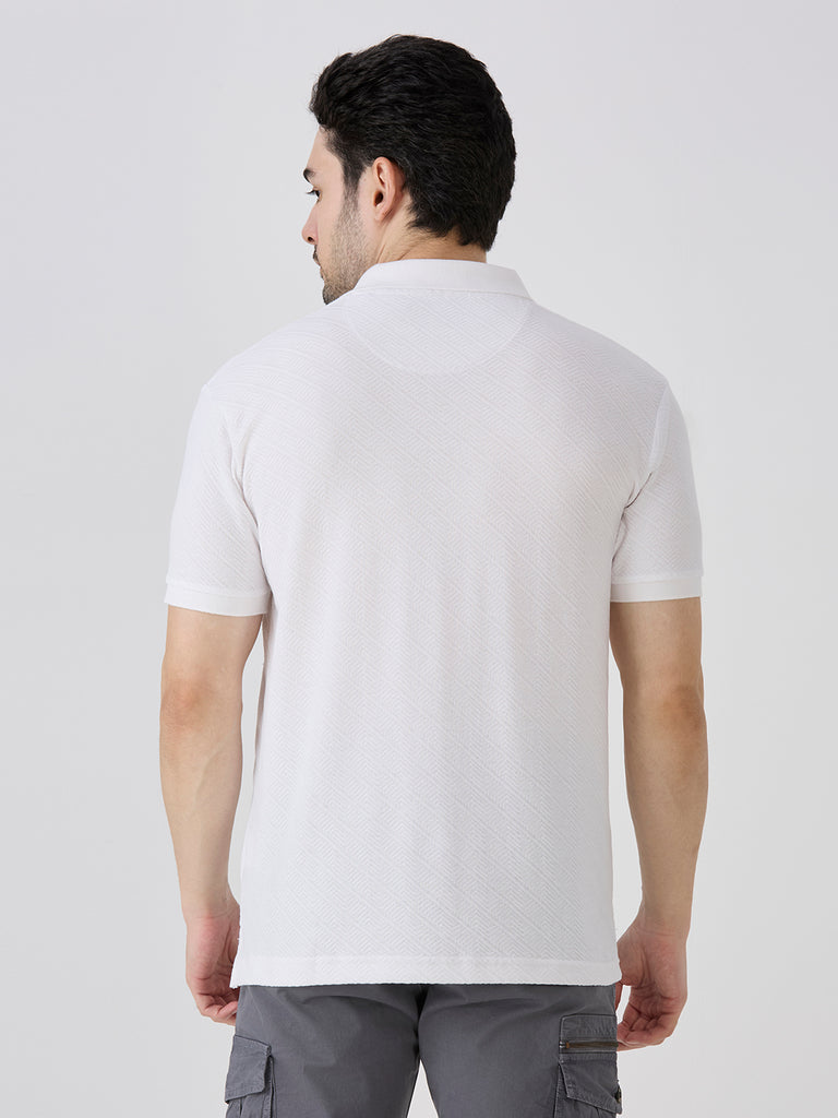 White Jacquard Johny Collar Solid Polo