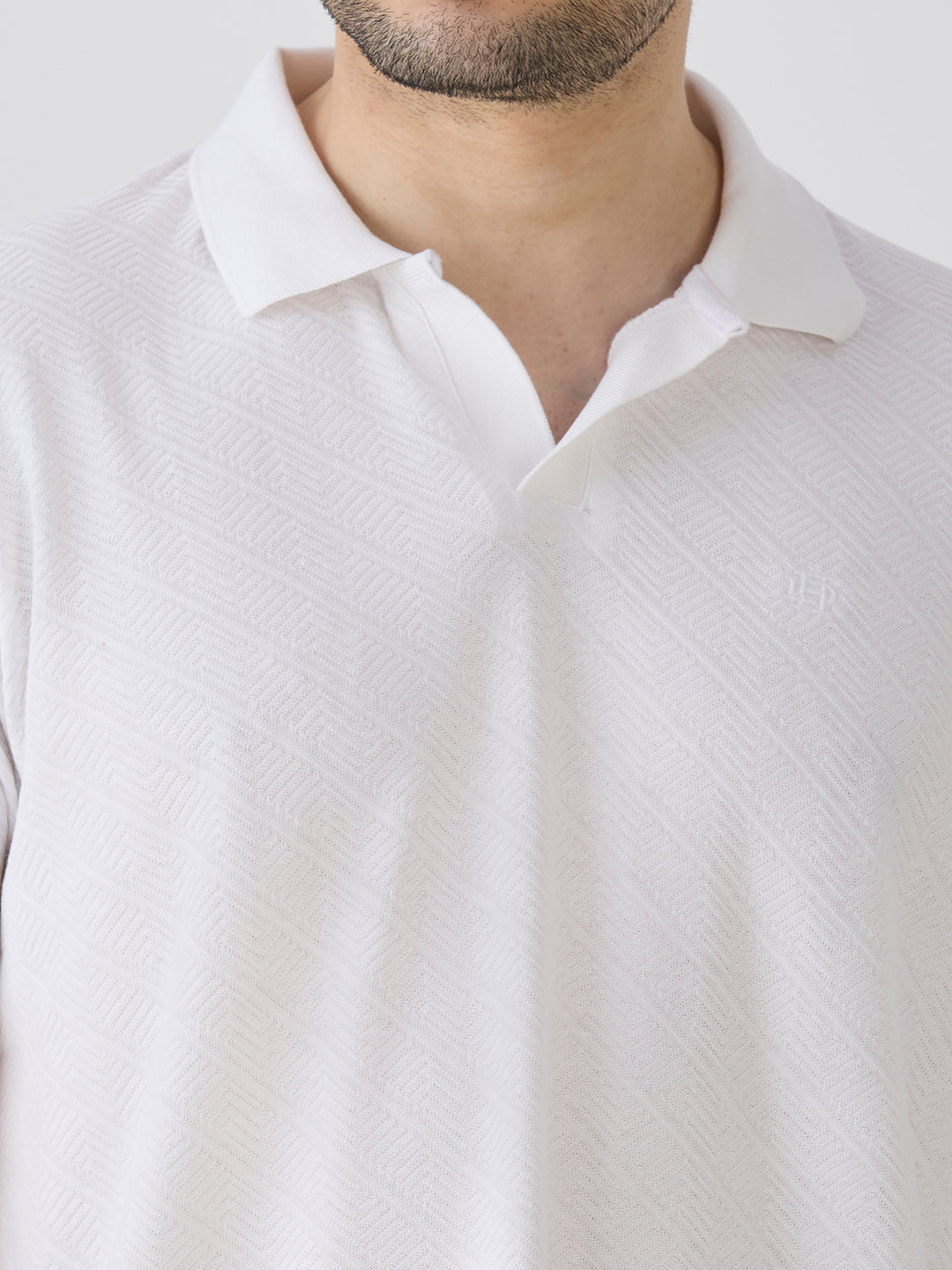 White Jacquard Johny Collar Solid Polo