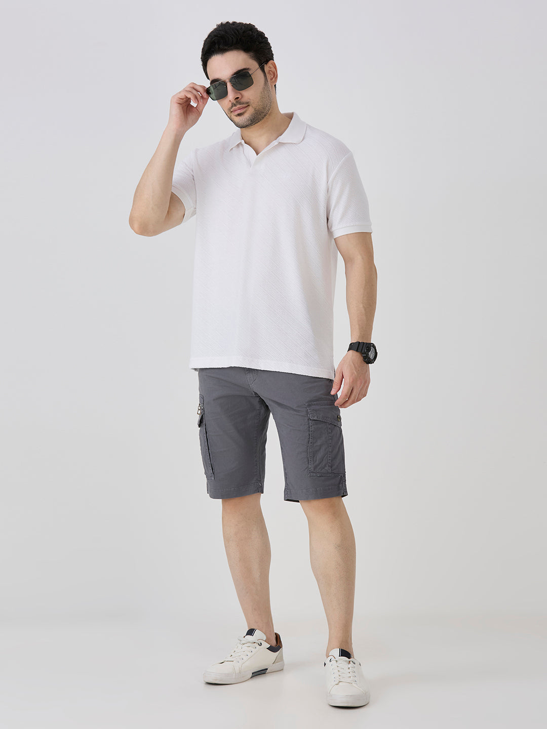 White Jacquard Johny Collar Solid Polo