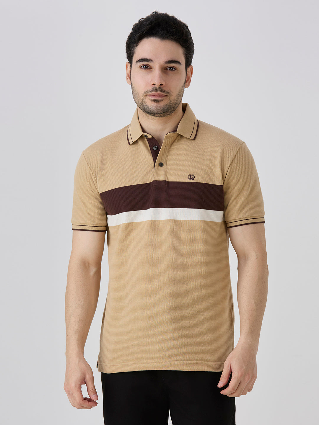 Beige Pique Crape Knit Horizontal Stripe Polo