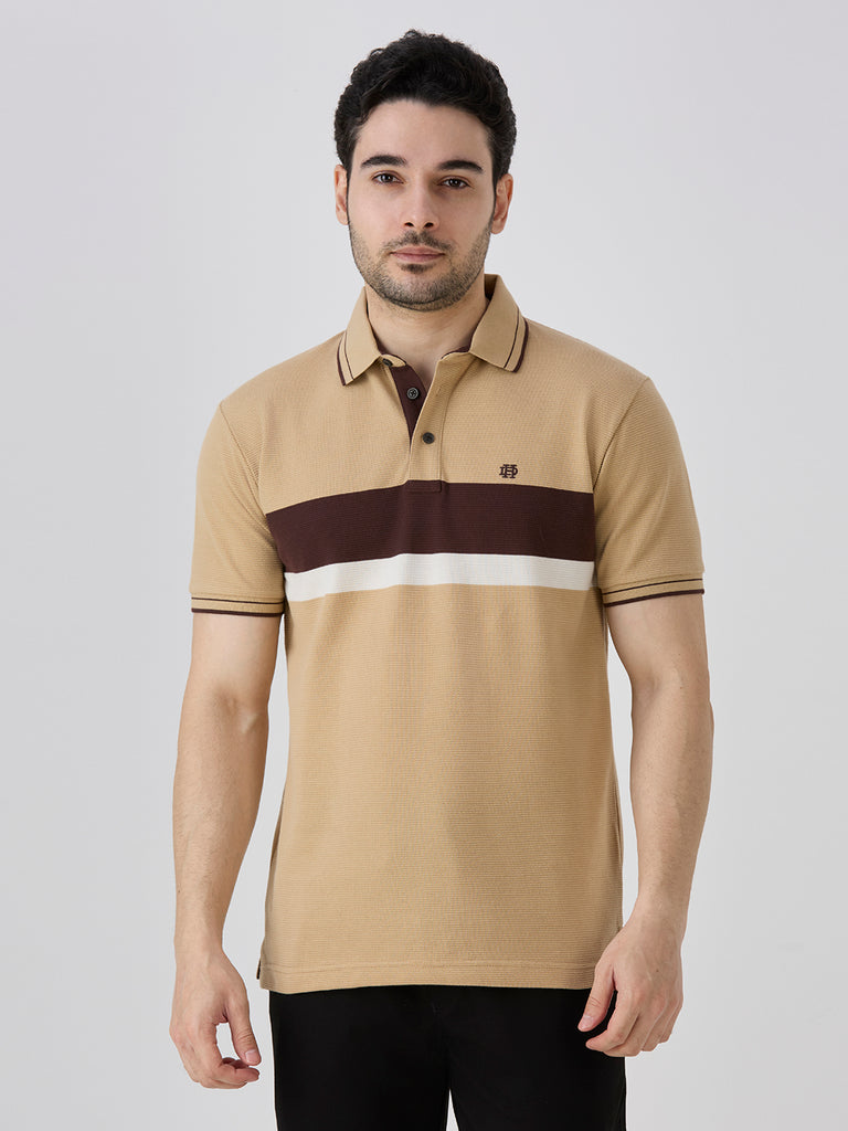 Beige Pique Crape Knit Horizontal Stripe Polo