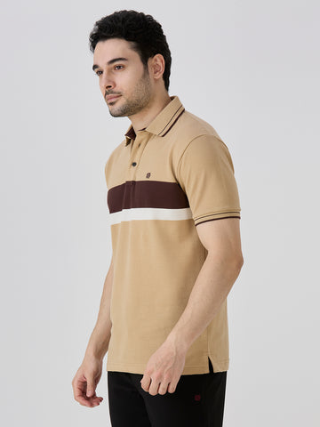 Beige Pique Crape Knit Horizontal Stripe Polo