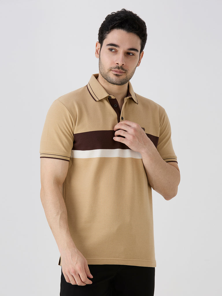 Beige Pique Crape Knit Horizontal Stripe Polo