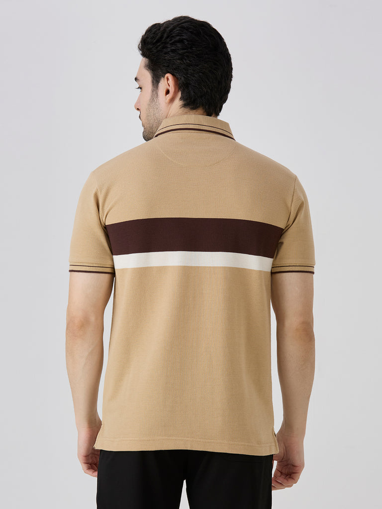 Beige Pique Crape Knit Horizontal Stripe Polo