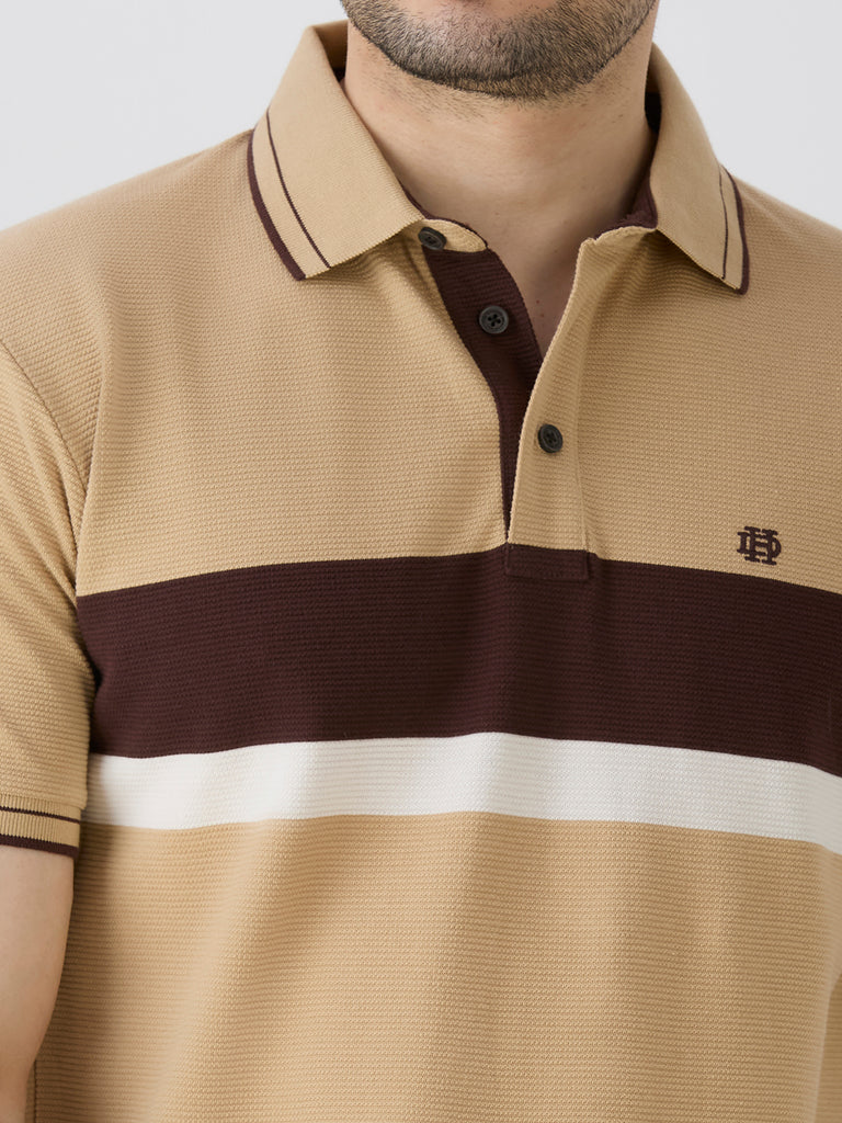 Beige Pique Crape Knit Horizontal Stripe Polo