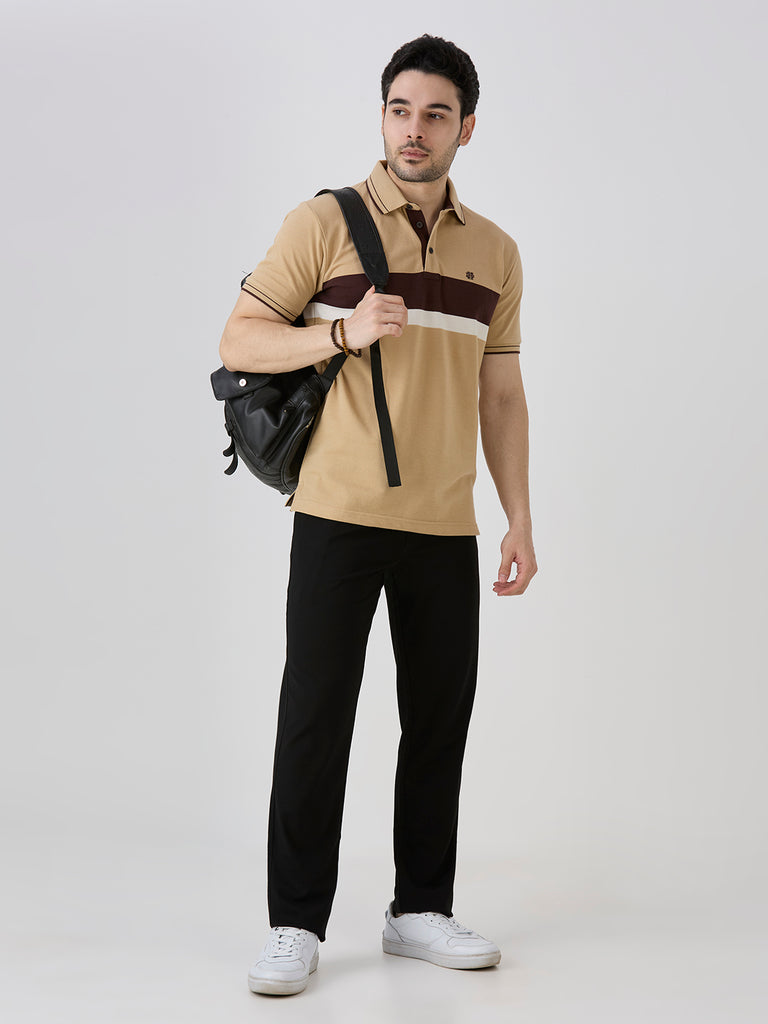 Beige Pique Crape Knit Horizontal Stripe Polo