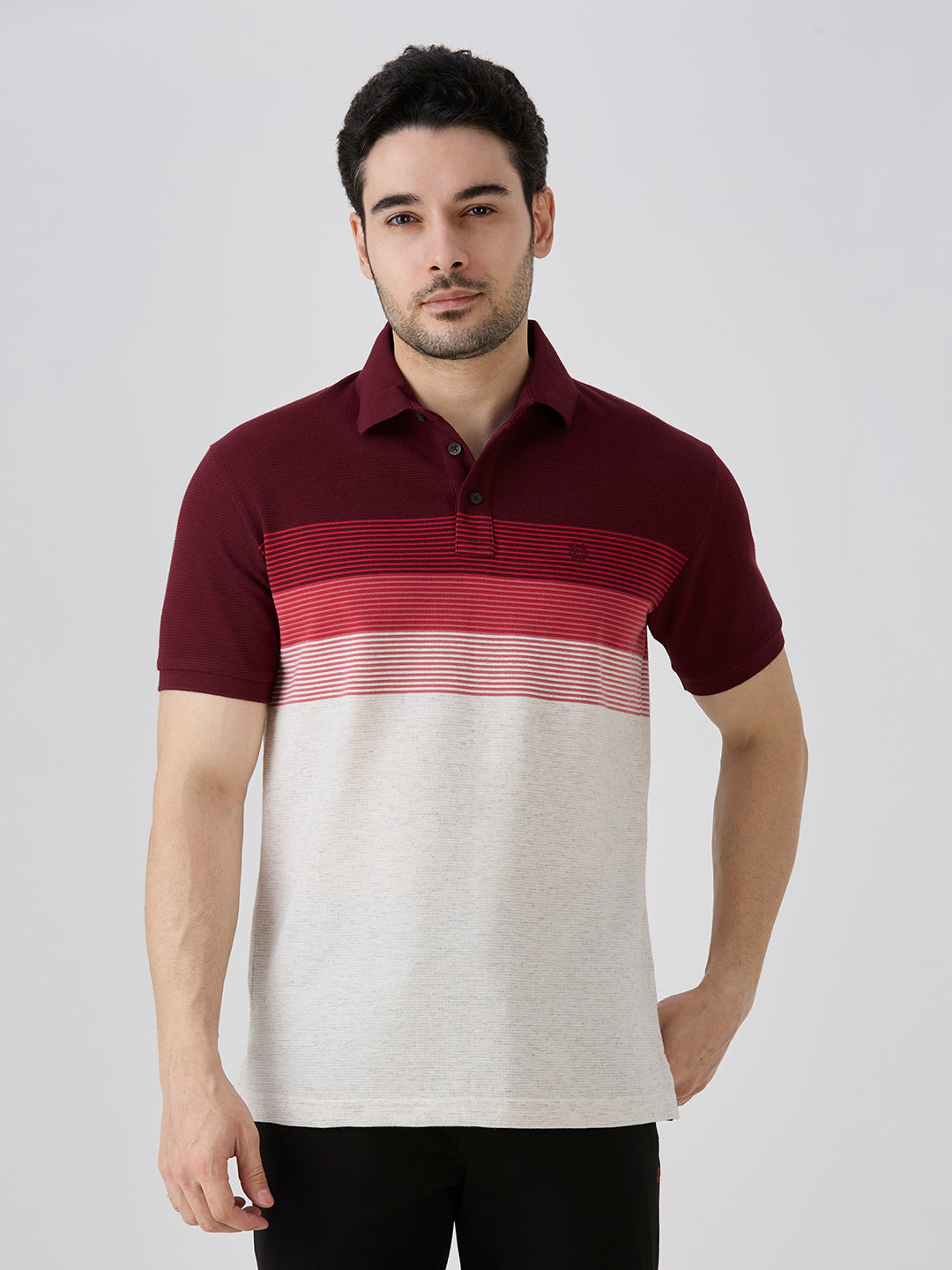 Maroon Pique Crape Knit Horizontal Stripe Polo