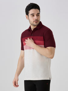 Maroon Pique Crape Knit Horizontal Stripe Polo