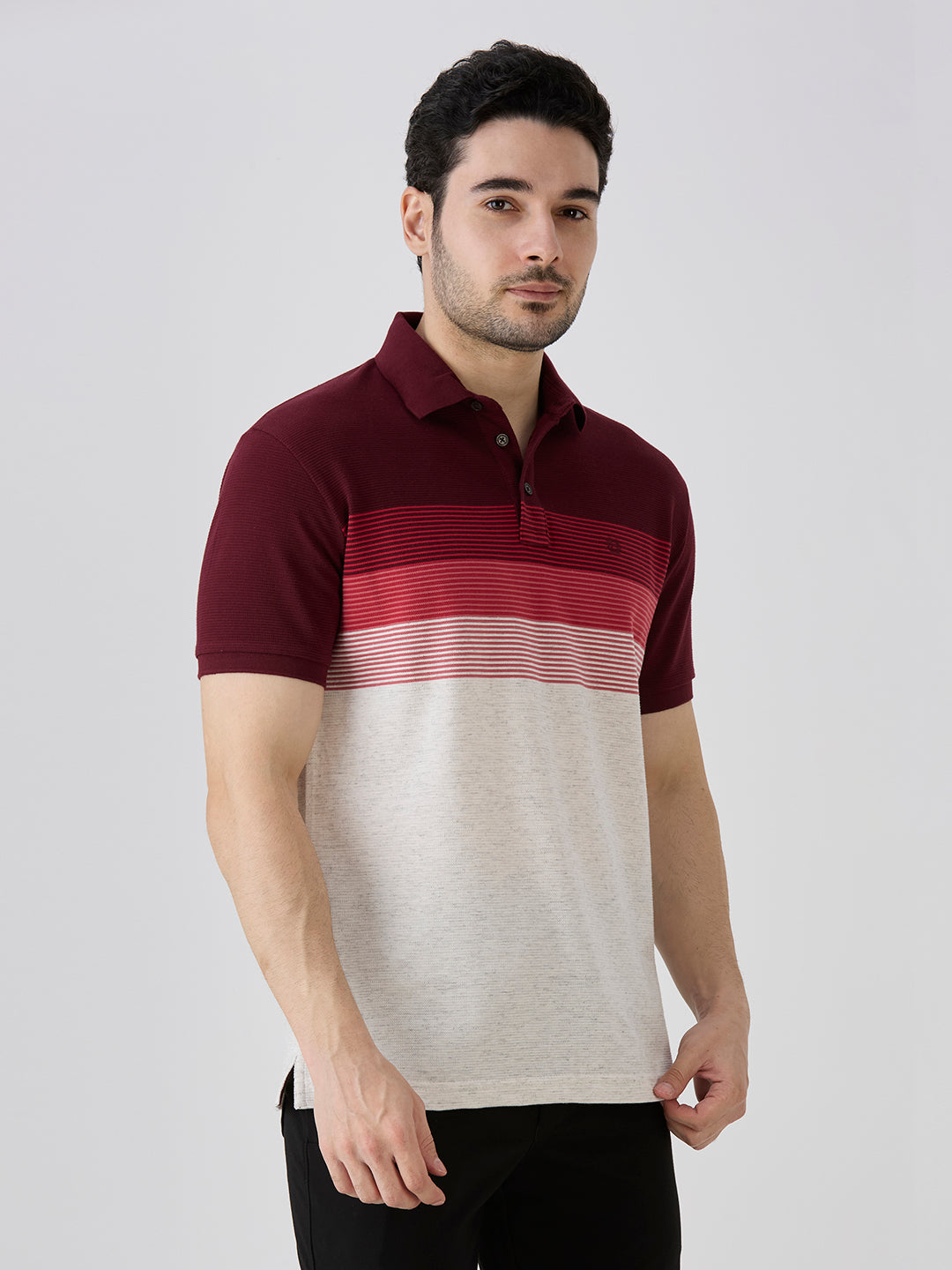 Maroon Pique Crape Knit Horizontal Stripe Polo