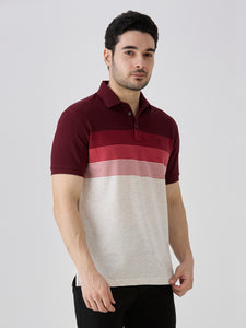 Maroon Pique Crape Knit Horizontal Stripe Polo
