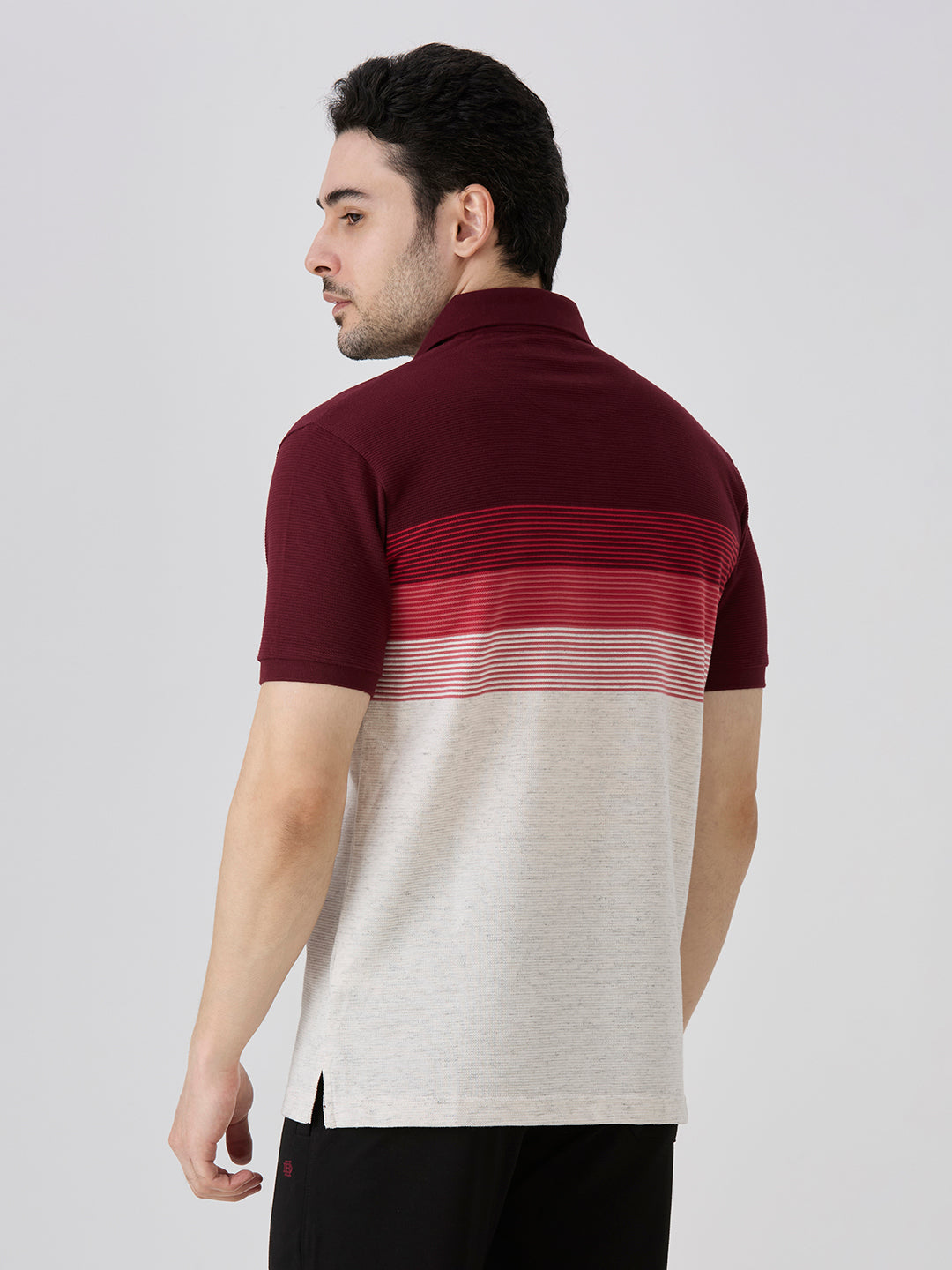 Maroon Pique Crape Knit Horizontal Stripe Polo