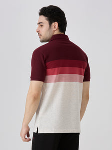 Maroon Pique Crape Knit Horizontal Stripe Polo