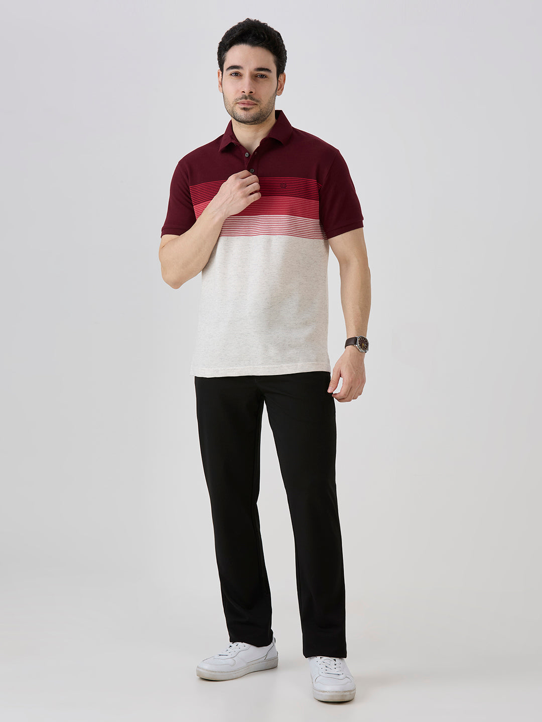 Maroon Pique Crape Knit Horizontal Stripe Polo