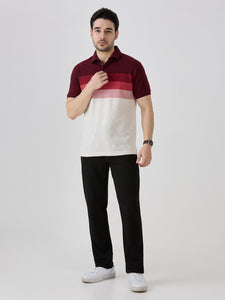Maroon Pique Crape Knit Horizontal Stripe Polo