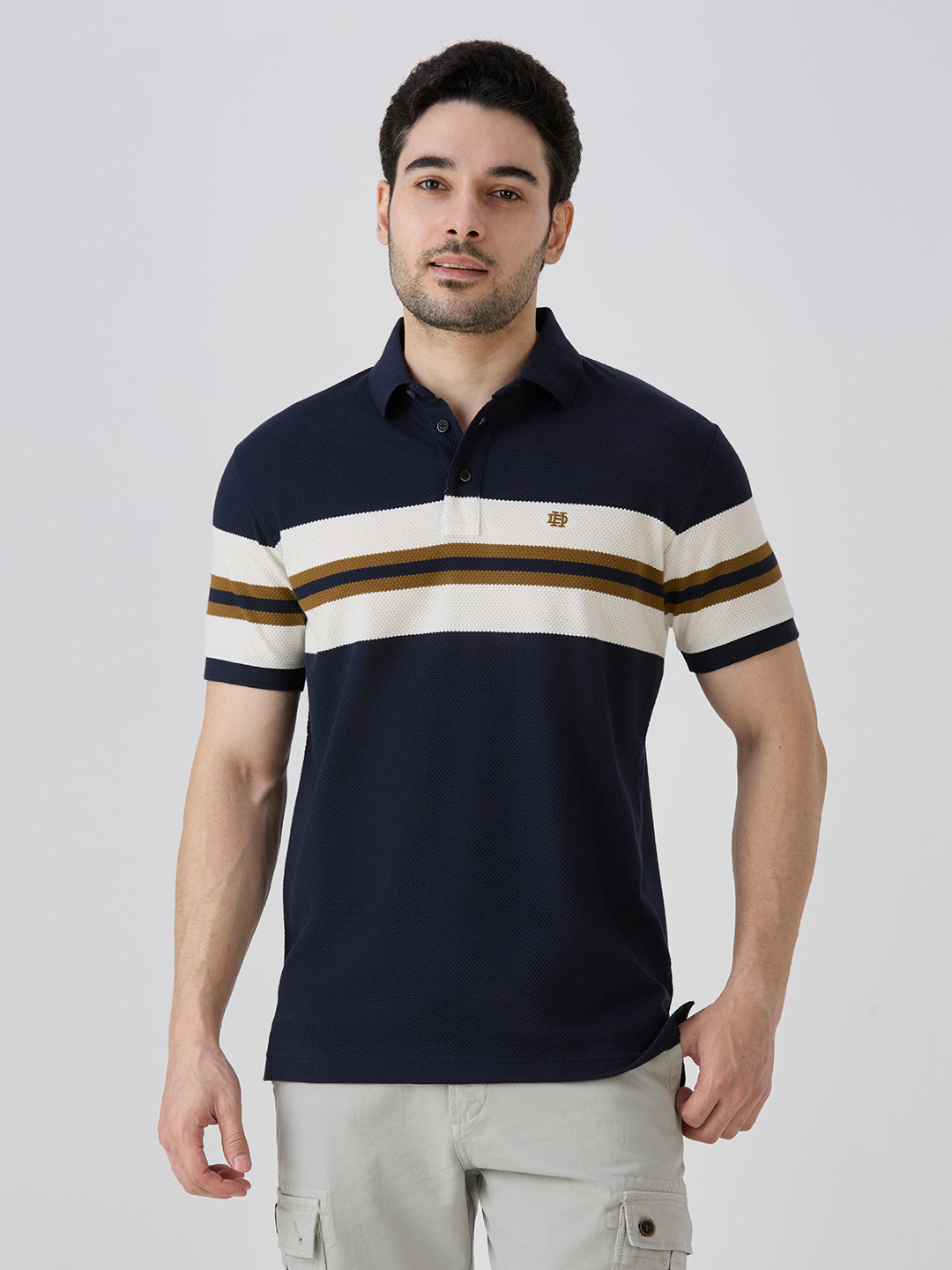 Navy Pique Popcorn Knit Horizontal Stripe Polo