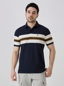 Navy Pique Popcorn Knit Horizontal Stripe Polo