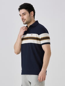 Navy Pique Popcorn Knit Horizontal Stripe Polo