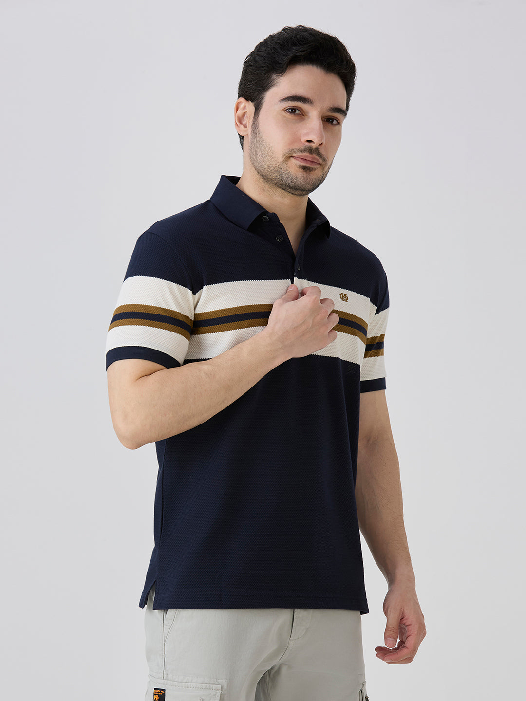 Navy Pique Popcorn Knit Horizontal Stripe Polo