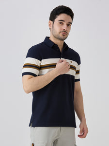 Navy Pique Popcorn Knit Horizontal Stripe Polo