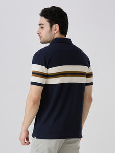 Navy Pique Popcorn Knit Horizontal Stripe Polo
