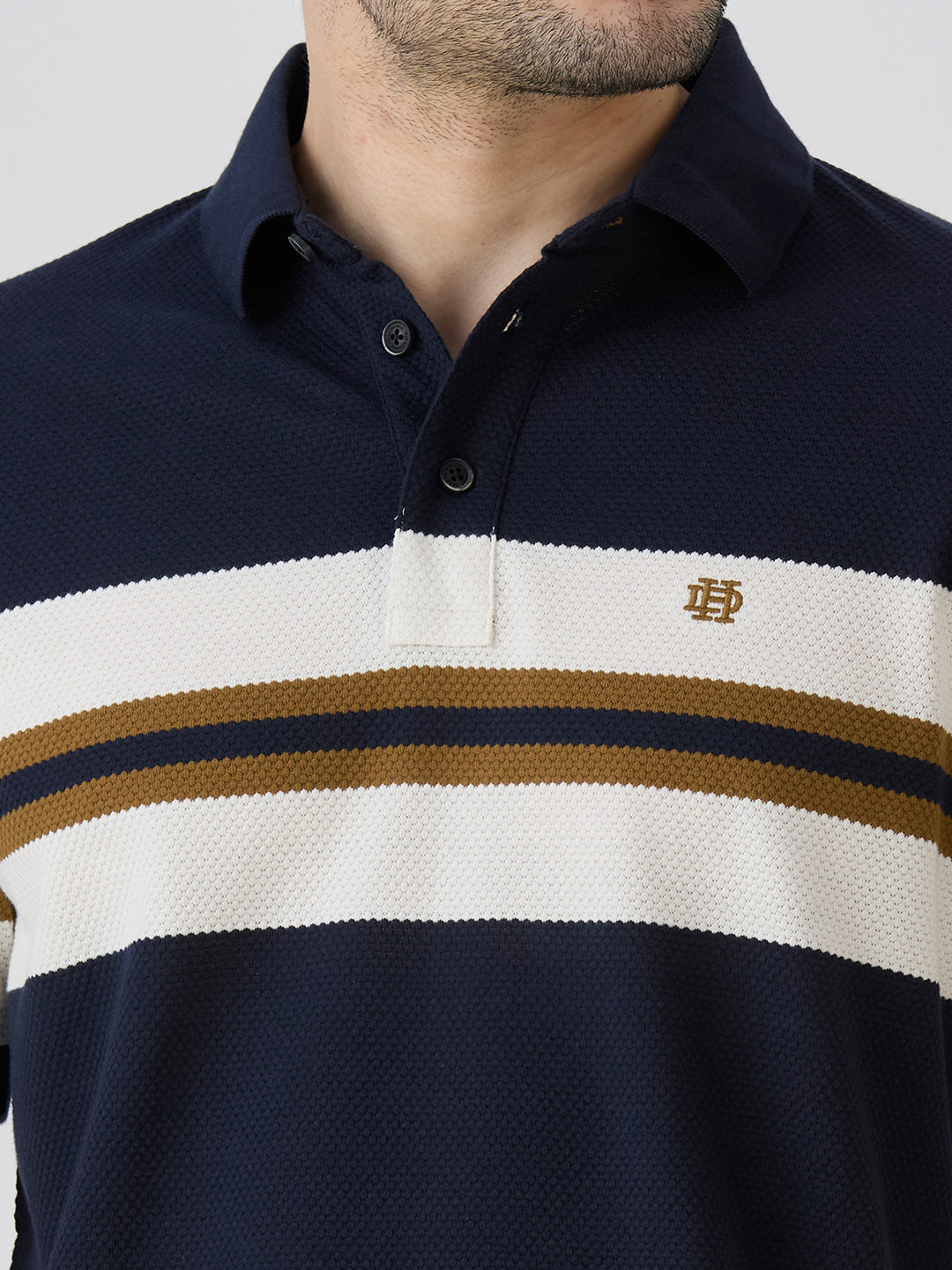 Navy Pique Popcorn Knit Horizontal Stripe Polo