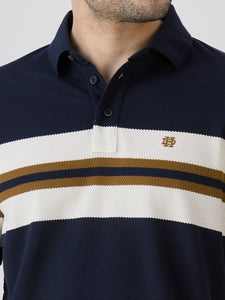 Navy Pique Popcorn Knit Horizontal Stripe Polo