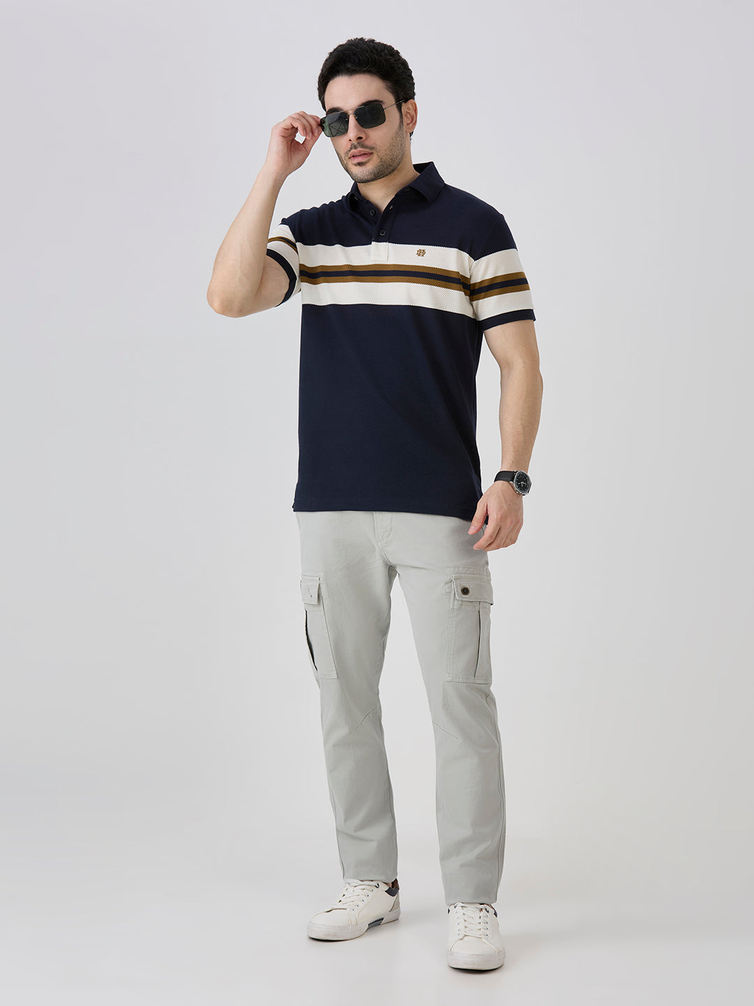 Navy Pique Popcorn Knit Horizontal Stripe Polo