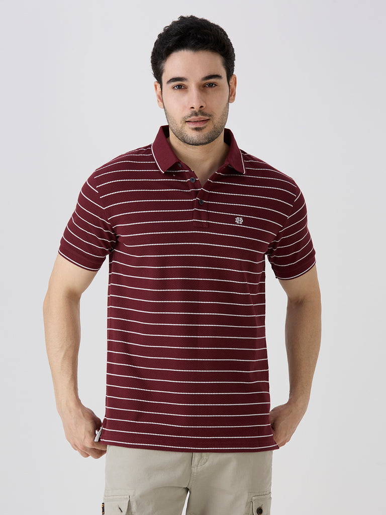 Maroon Pique Popcorn Knit Horizontal Stripe Polo