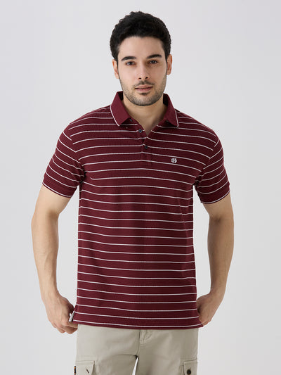 Maroon Pique Popcorn Knit Horizontal Stripe Polo