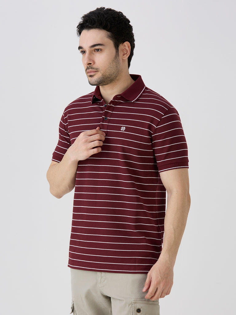 Maroon Pique Popcorn Knit Horizontal Stripe Polo