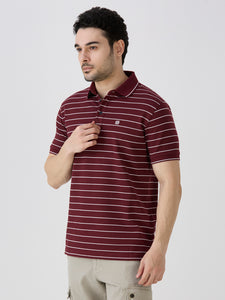 Maroon Pique Popcorn Knit Horizontal Stripe Polo